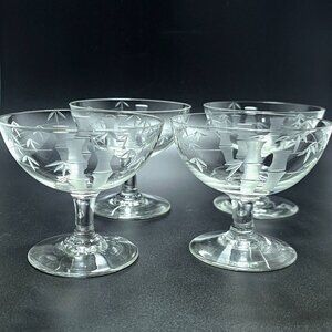 4 Sasaki Bamboo Low Coupe Glasses 3" cut glass cocktail party 1950s vtg Japan 4o